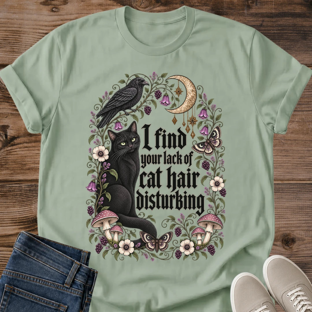 Witchy Black Cat Shirt Lack Of Cat Hair Tee Black Cat Among Moths Mushrooms And Wildflowers Illustration Gothic Blackletter Text Dark Cottagecore Cat Shirt Cat Owner Gift For Her Cat Dad Tee Soft Cotton Unisex Shirt Cat Whisker Co