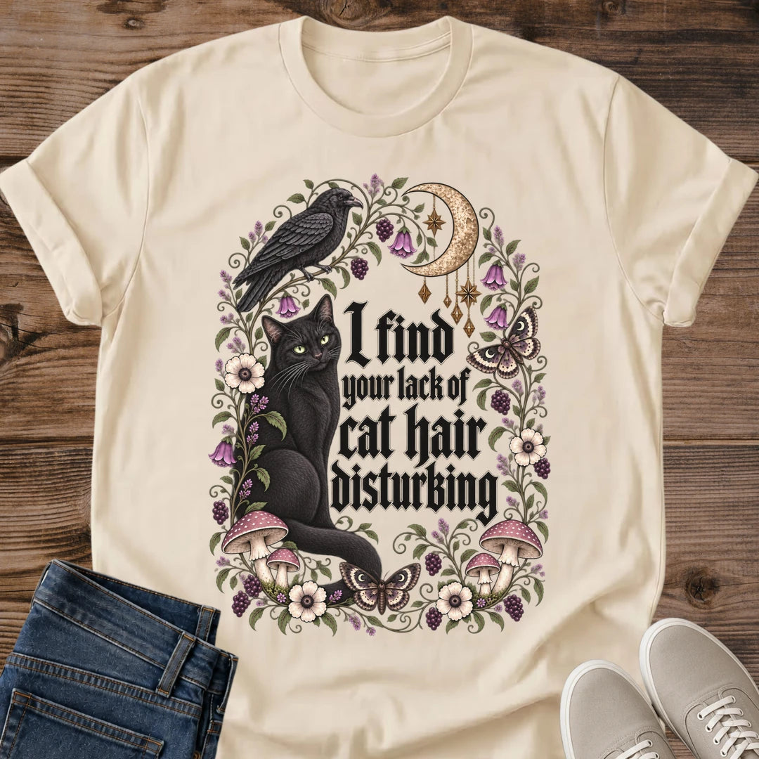 Witchy Black Cat Shirt Lack Of Cat Hair Tee Black Cat Among Moths Mushrooms And Wildflowers Illustration Gothic Blackletter Text Dark Cottagecore Cat Shirt Cat Owner Gift For Her Cat Dad Tee Soft Cotton Unisex Shirt Cat Whisker Co