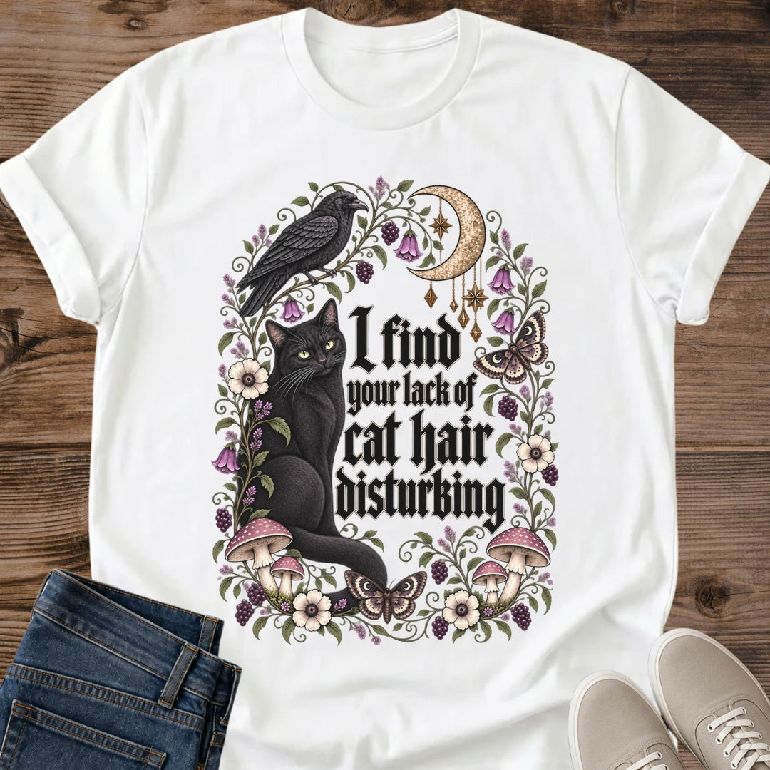 I Find Your Lack Of Cat Hair Disturbing Shirt White Funny Black Cat Quote Tee Witchy Black Cat With Crow Moon And Mushrooms Graphic Whimsigoth Floral Cat Shirt Cat Mom Gift Moths And Roses Gildan 64000 Softstyle Unisex Cat Whisker Co