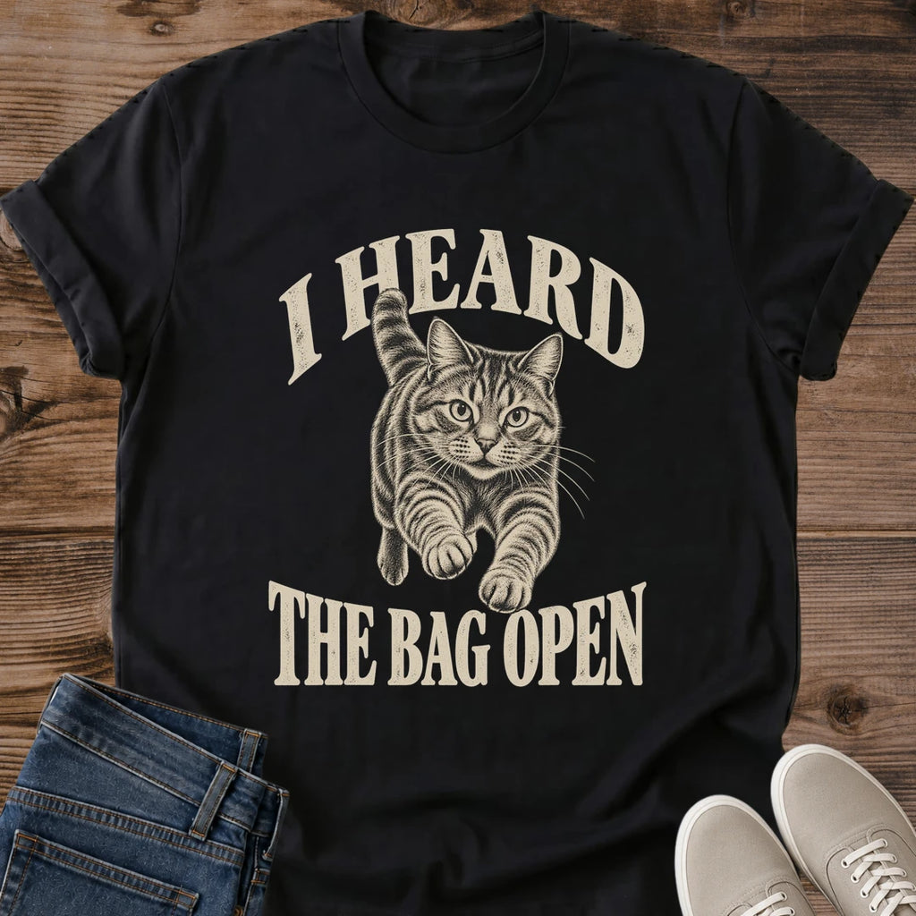 Cat Treat Shirt I Heard The Bag Open Tee Tabby Cat Sprinting Toward Viewer Illustration Retro Arched Lettering Hungry Cat Humor Shirt Cat Owner Gift For Her Cat Dad Tee Kitchen Cat Shirt Soft Cotton Unisex Shirt Cat Whisker Co