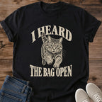 Cat Treat Shirt I Heard The Bag Open Tee Tabby Cat Sprinting Toward Viewer Illustration Retro Arched Lettering Hungry Cat Humor Shirt Cat Owner Gift For Her Cat Dad Tee Kitchen Cat Shirt Soft Cotton Unisex Shirt Cat Whisker Co