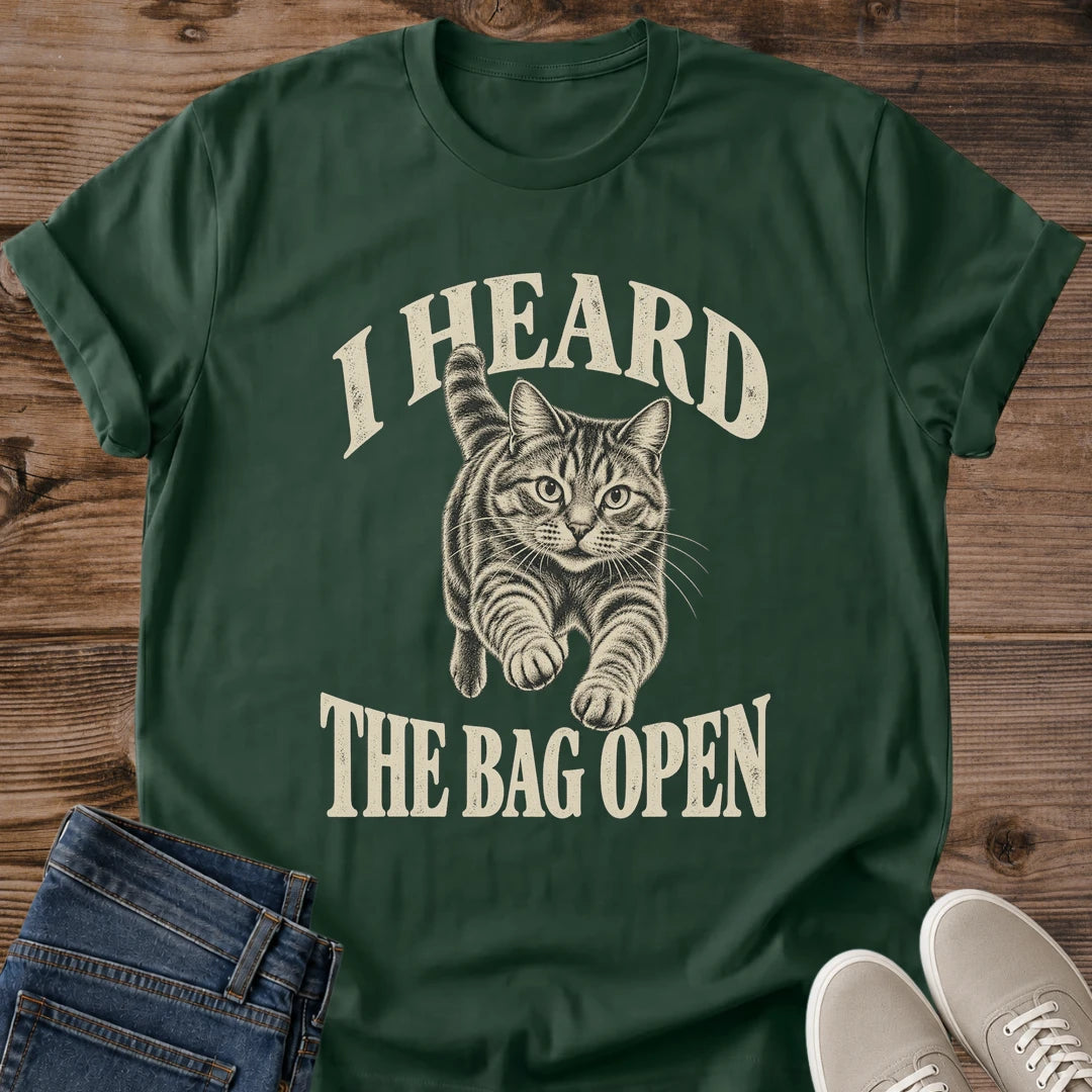 Hungry Cat Shirt I Heard The Bag Open Cat Mom Tee Funny Cat Snack Gift Retro Tabby Cat Design Cat Humor Shirt For Women And Men Cat Dad Gift Holiday Gift For Cat Owner Treat Bag Cat Tee Soft Cotton Unisex Tee Cat Whisker Co