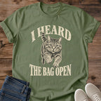 I Heard The Bag Open Cat Shirt Military Green Funny Food Motivated Cat Tee Tabby Cat Running Graphic Vintage Cream Ink Cat Shirt Cat Treat Bag Humor Tee Snack Time Cat Lover Gift Cat Mom Shirt Gildan 64000 Softstyle Unisex Cat Whisker Co