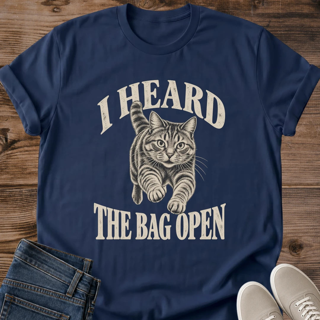 I Heard The Bag Open Cat Shirt Navy Funny Food Motivated Cat Tee Tabby Cat Running Graphic Vintage Cream Ink Cat Shirt Cat Treat Bag Humor Tee Snack Time Cat Lover Gift Cat Mom Shirt Gildan 64000 Softstyle Unisex Cat Whisker Co