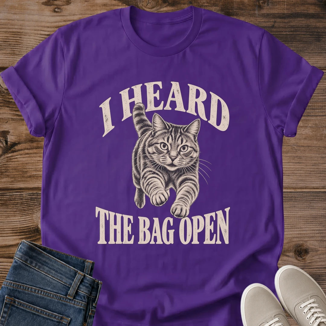 Food Motivated Cat Shirt I Heard The Bag Open Funny Cat Tee Hand Drawn Tabby Cat Sketch Cream Ink Vintage Poster Graphic Cat Owner Shirt Gift For Cat Lovers Treat Time Tee Snack Lover Cat Shirt Unisex Ringspun Cotton Shirt Cat Whisker Co