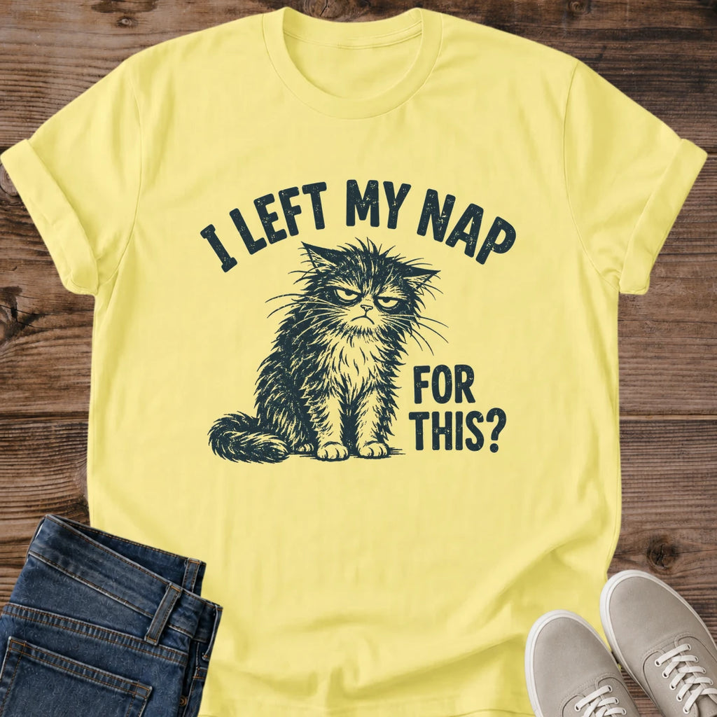 Tired Cat Shirt I Left My Nap For This Funny Tee Hand Drawn Fluffy Cat With Frizzy Fur Sketch Distressed Navy Graphic Cat Owner Shirt Gift For Cat Lovers Bad Hair Day Tee Meeting Humor Shirt Unisex Ringspun Cotton Shirt Cat Whisker Co