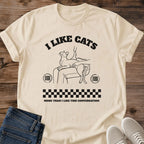 Graphic Cat Tee Shirt Retro Line Art Design Minimalist Cat Illustration Cotton Fabric Vintage Style Apparel Casual Everyday Wear Cat Lover Gift Soft Comfortable Shirt Relaxed Feline Artwork Perfect Present Breathable Material Fashion