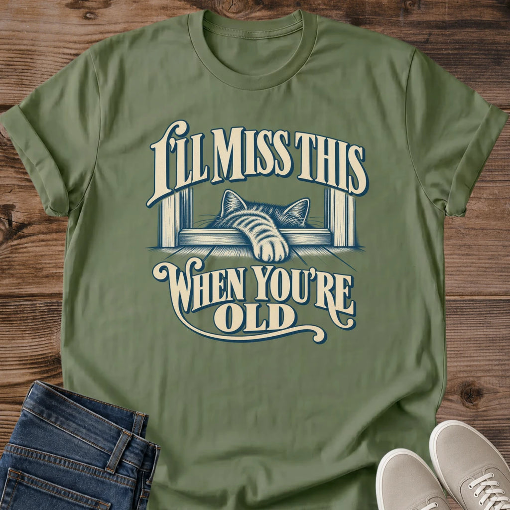 Vintage Cat Lover Tee Ill Miss This When Youre Old Sunset Window Design Cotton Cat Mom Gift Shirt Sentimental Aesthetic Softstyle Ring Spun Fabric Relaxed Retail Fit Casual Weekend Layering Statement Piece Everyday Wear