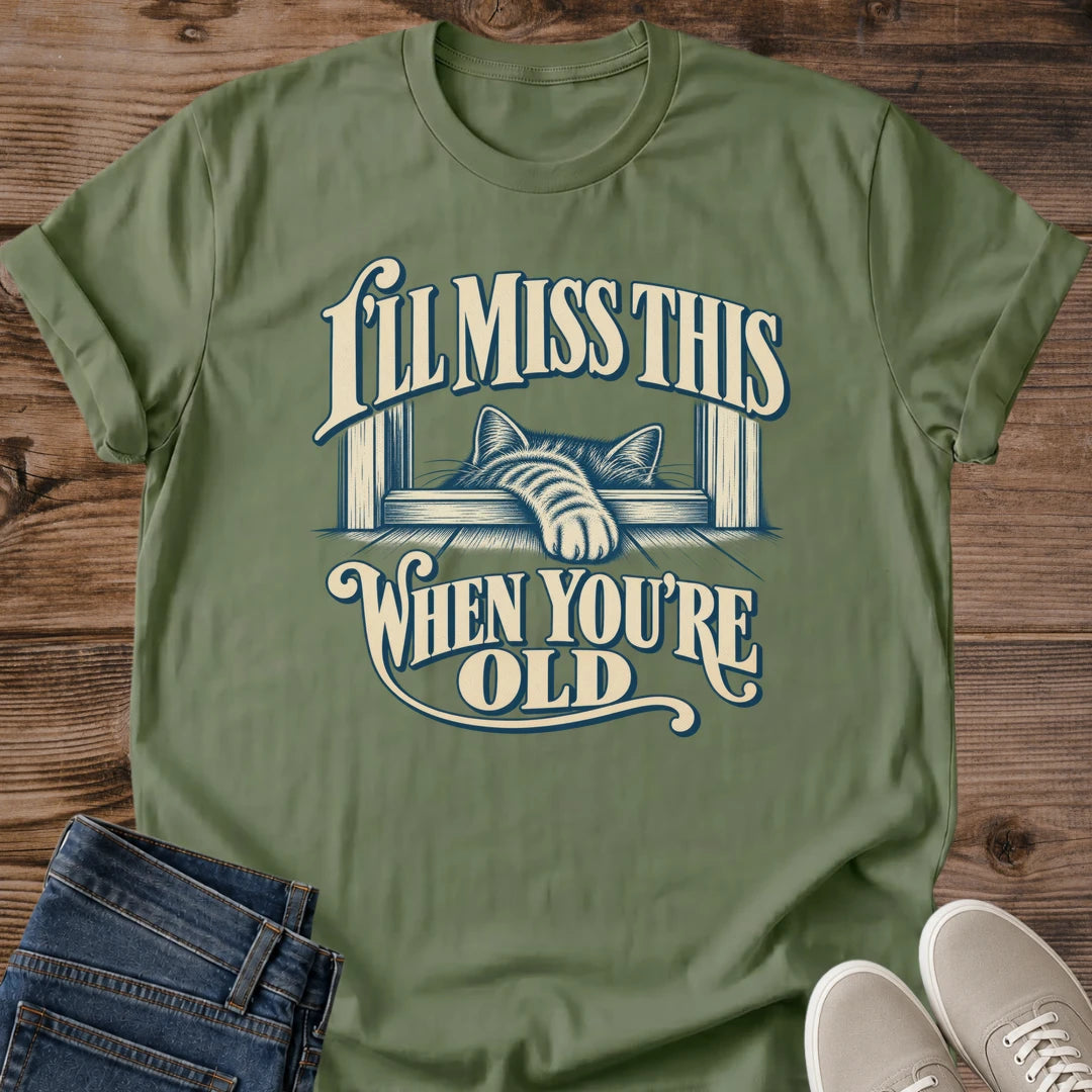 Vintage Cat Lover Tee Ill Miss This When Youre Old Sunset Window Design Cotton Cat Mom Gift Shirt Sentimental Aesthetic Softstyle Ring Spun Fabric Relaxed Retail Fit Casual Weekend Layering Statement Piece Everyday Wear