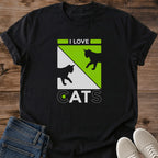 Casual Cat Shirt Comfortable Everyday Tee Neon Green Graphic Design Cat Lover Apparel Soft Crewneck Style Lightweight Fabric Shirt Bold Cat Silhouette Print Pet Owner Gift Perfect Relaxed Fit Tee Modern Animal Lover Design Comfortable Wear