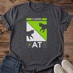Pet Lover Graphic Tee Cat Design Shirt Comfortable Casual Wear Neon Green Cat Print Bold Statement Tee Soft Crewneck Style Everyday Apparel Cat Silhouette Design Modern Graphic Shirt Lightweight Fabric Tee Relaxed Fit Cat Owner Gift Perfect