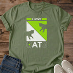 Neon Green Cat Tee Shirt Bold Graphic Design Cat Lover Gift Perfect Pet Owner Apparel Comfortable Crewneck Shirt Casual Everyday Wear Soft Lightweight Fabric Cat Silhouette Print Modern Style Tee Relaxed Fit Design Animal Enthusiast Shirt