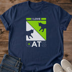 Graphic Cat Tee Shirt Neon Green Design Bold Cat Lover Statement Comfortable Casual Wear Everyday Crewneck Tee Soft Lightweight Fabric Pet Enthusiast Apparel Cat Silhouette Print Modern Style Design Animal Lover Gift Perfect Everyday Shirt
