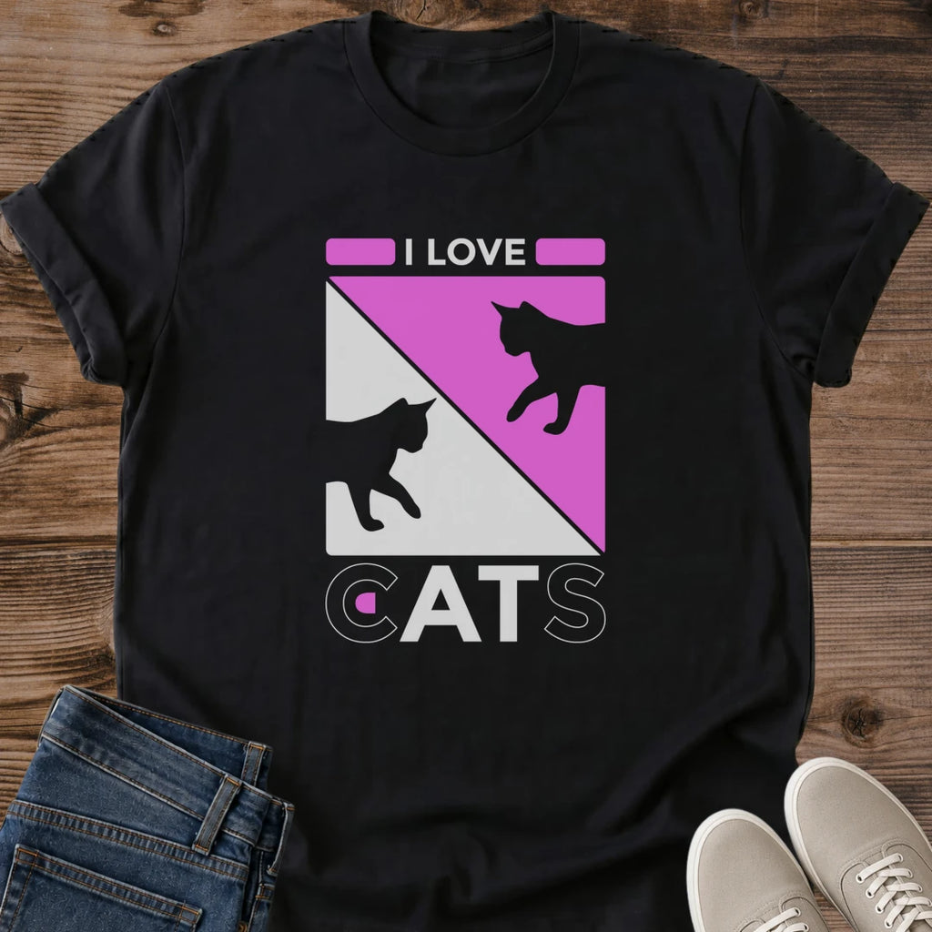 Pink Cat Graphic Tee Bold Design Statement Retro Geometric Pattern Cat Silhouettes Modern Vintage Style Casual Everyday Shirt Soft Ring Spun Cotton Fabric Comfortable Wear Perfect Cat Lover Gift Feline Enthusiast Essential Pet Owner Present