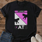 Pink Cat Graphic Tee Bold Design Statement Retro Geometric Pattern Cat Silhouettes Modern Vintage Style Casual Everyday Shirt Soft Ring Spun Cotton Fabric Comfortable Wear Perfect Cat Lover Gift Feline Enthusiast Essential Pet Owner Present