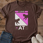 Cat Lover Shirt Retro Pink Graphic Design Perfect Gift For Feline Enthusiast Cat Owner Present Casual Everyday Tee Soft Ring Spun Cotton Fabric Bold Cat Silhouettes Geometric Pattern Modern Vintage Style Comfortable Daily Wear Weekend