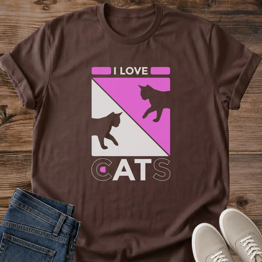 Cat Lover Shirt Retro Pink Graphic Design Perfect Gift For Feline Enthusiast Cat Owner Present Casual Everyday Tee Soft Ring Spun Cotton Fabric Bold Cat Silhouettes Geometric Pattern Modern Vintage Style Comfortable Daily Wear Weekend