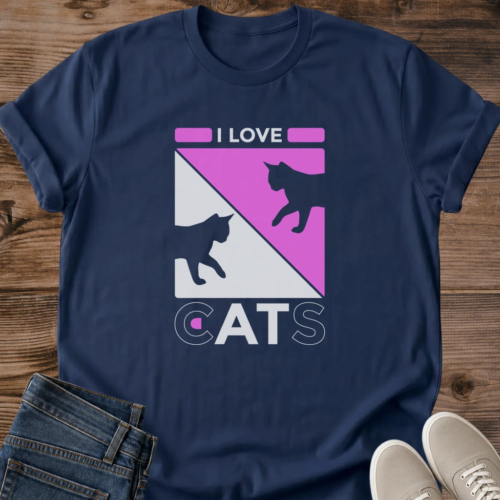 Retro Cat Tshirt Pink Geometric Design Bold Feline Silhouettes Statement Piece Casual Everyday Wear Soft Cotton Fabric Ring Spun Construction Comfortable Fit Cat Lover Gift Perfect Present For Pet Owner Enthusiast Modern Vintage Style
