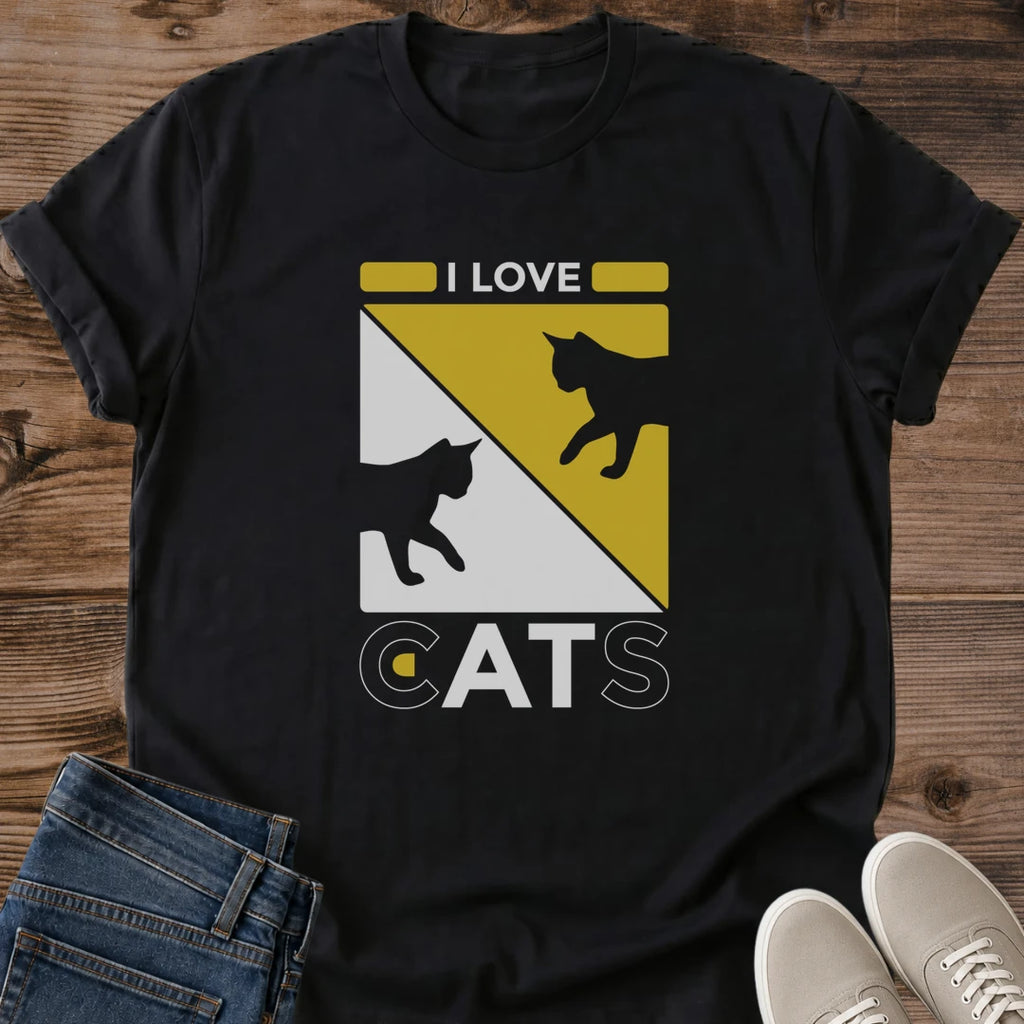 Feline Fashion Graphic Tee Cat Silhouette Design Retro Yellow Print Vintage Style Shirt Pet Lover Gift Casual Everyday Wear Comfortable Cat Themed Apparel Animal Print Fashion Statement Gift For Cat Owners Trendy Feline Clothing