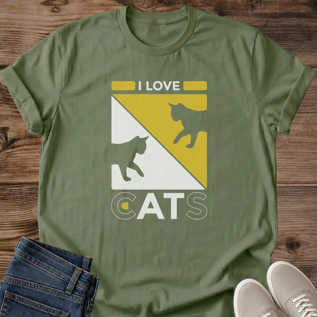Yellow Cat Silhouette Shirt Retro Vintage Design Graphic Tee For Feline Enthusiasts Casual Comfort Wear Pet Lover Fashion Statement Animal Themed Gift Idea Everyday Style Cat Owner Present Comfortable Graphic Clothing Trendy Pet Apparel