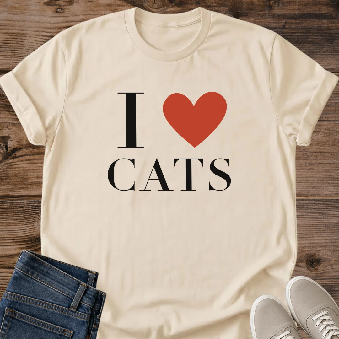 I Love Cats Shirt Sand Classic I Heart Cats Tee Red Heart Serif Typography Graphic Minimalist Cat Lover Shirt Simple Cat Quote Tee Valentines Cat Gift Cat Mom Shirt Love Cats Tee Gildan 64000 Softstyle Unisex Cat Whisker Co