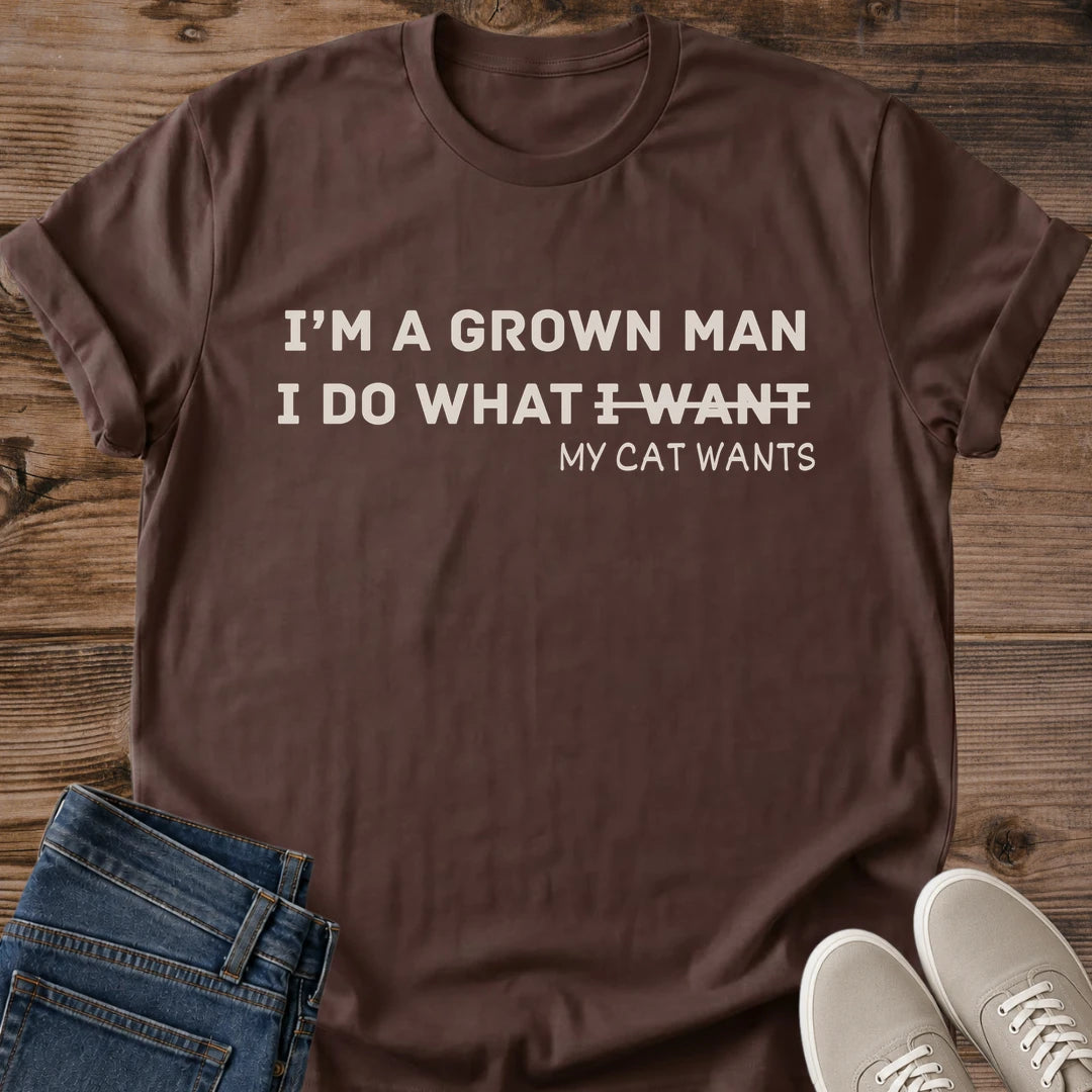Im A Grown Man I Do What My Cat Wants Shirt Navy Funny Cat Dad Tee Strikethrough I Want Text Graphic Cat Guy Shirt Gift For Men Who Love Cats Husband Cat Humor Tee Cat Dad Gift Cat Owner Gildan 64000 Softstyle Unisex Cat Whisker Co
