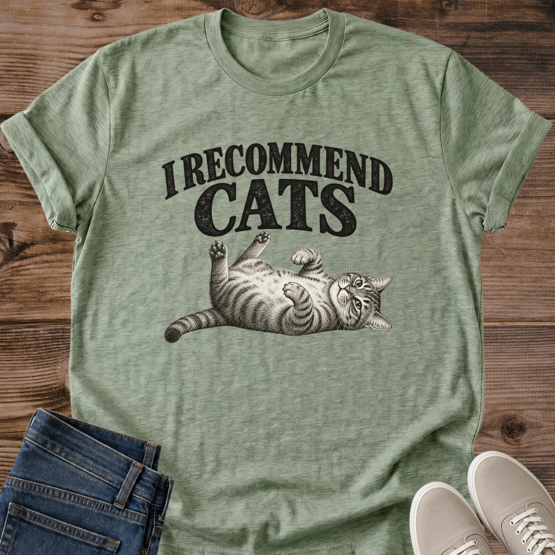 Vintage Cat Lover Tee I Recommend Cats Sprawled Tabby Design Cotton Cat Dad Gift Shirt Funny Aesthetic Softstyle Ring Spun Fabric Relaxed Retail Fit Casual Weekend Layering Statement Piece Everyday Wear For Home And Fall