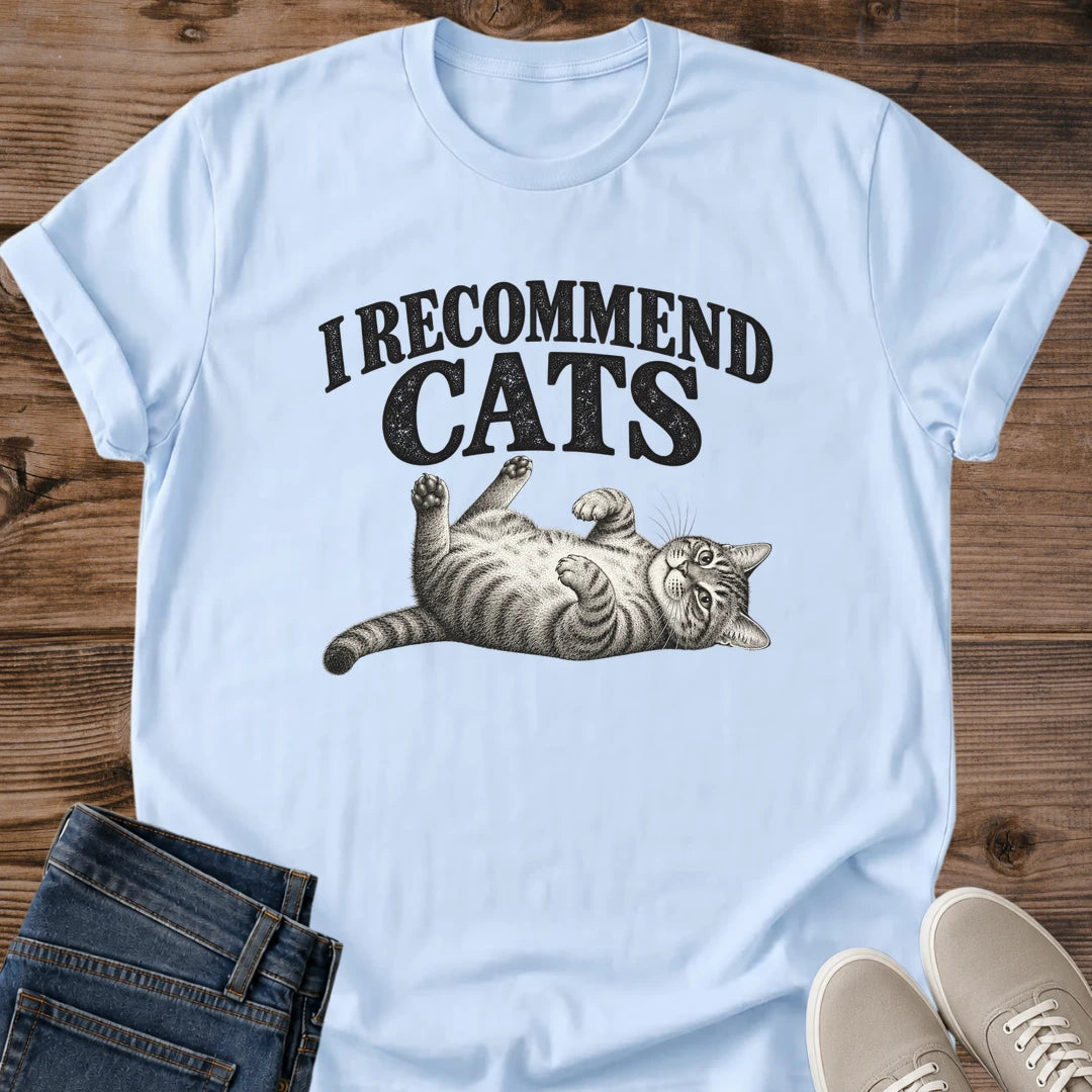 Funny Cat Tee I Recommend Cats Sprawled Tabby Design Cat Lover Gift For Her Softstyle Cotton Comfortable Relaxed Fit Casual Weekend Wear Vintage Print Cat Mom Statement Apparel Everyday Layering Piece For Fun And Fall