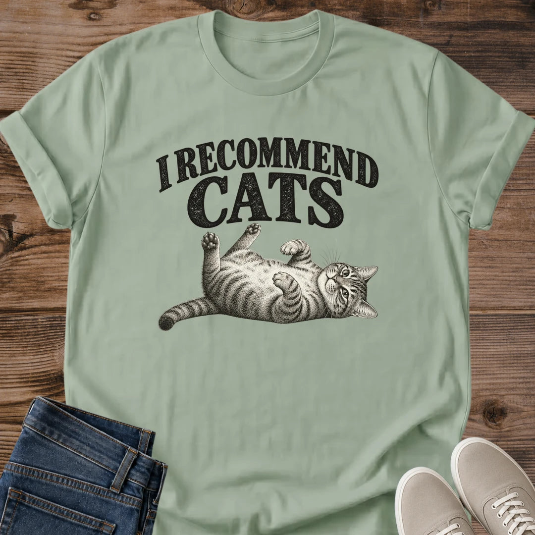 Funny Cat Tee I Recommend Cats Sprawled Tabby Design Cat Lover Gift For Her Softstyle Cotton Comfortable Relaxed Fit Casual Weekend Wear Vintage Print Cat Mom Statement Apparel Everyday Layering Piece For Fun And Fall