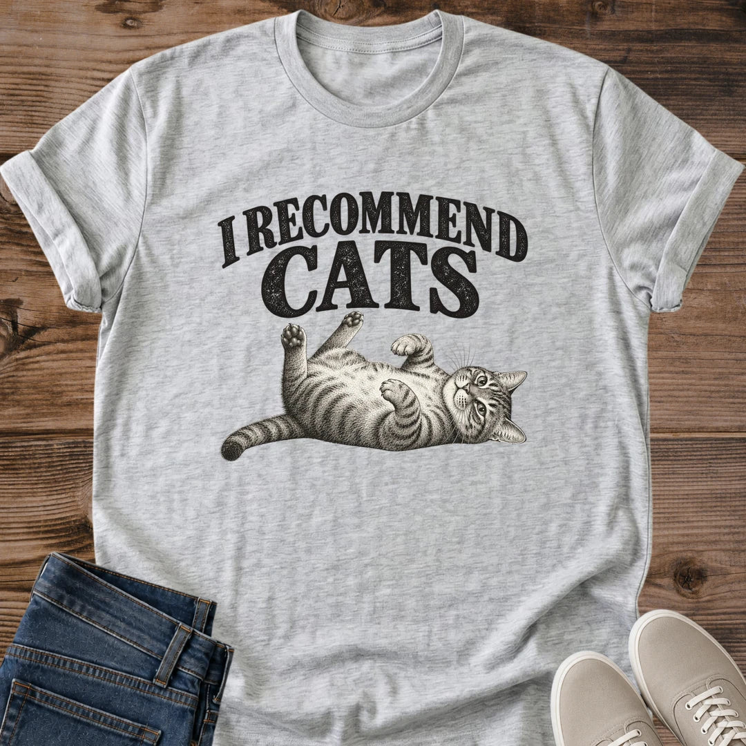 I Recommend Cats Shirt Sprawled Tabby Cat Tee Funny Cat Lover Gift Idea Softstyle Ring Spun Cotton Relaxed Fit Everyday Casual Wear Vintage Print Cat Owner Apparel Statement Piece Lightweight Layering For Home And Away