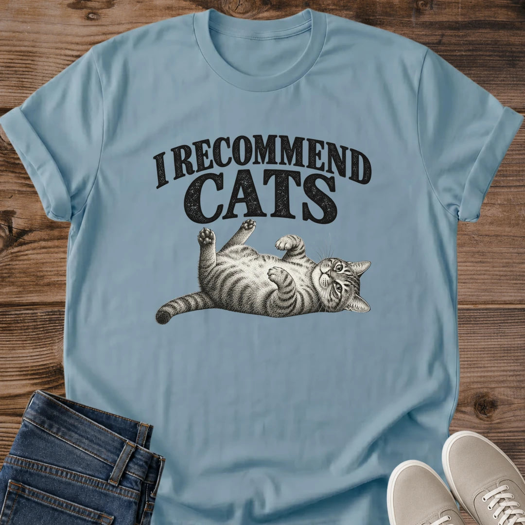I Recommend Cats Shirt Sprawled Tabby Cat Tee Funny Cat Lover Gift Idea Softstyle Ring Spun Cotton Relaxed Fit Everyday Casual Wear Vintage Print Cat Owner Apparel Statement Piece Lightweight Layering For Home And Away