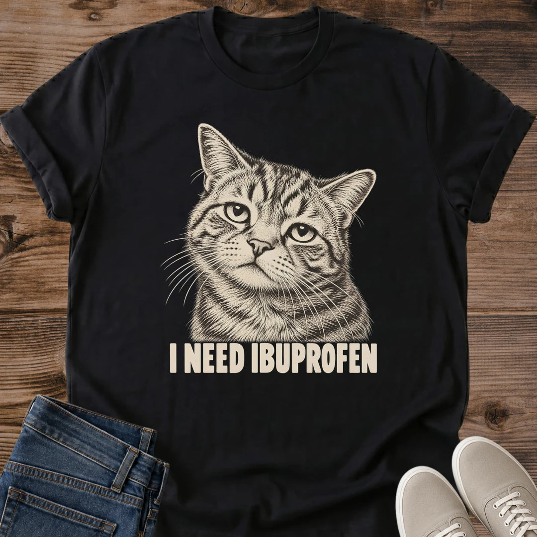 Black Ibuprofen Kitty funny cat shirt with retro-style tabby cat graphic on a unisex crewneck tee