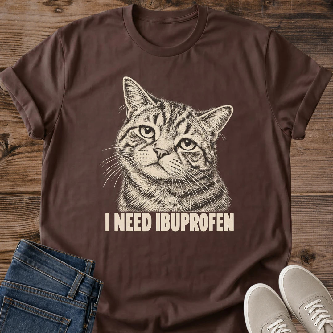 Dark chocolate Ibuprofen Kitty cat lover T-shirt showing vintage-inspired tabby cat artwork