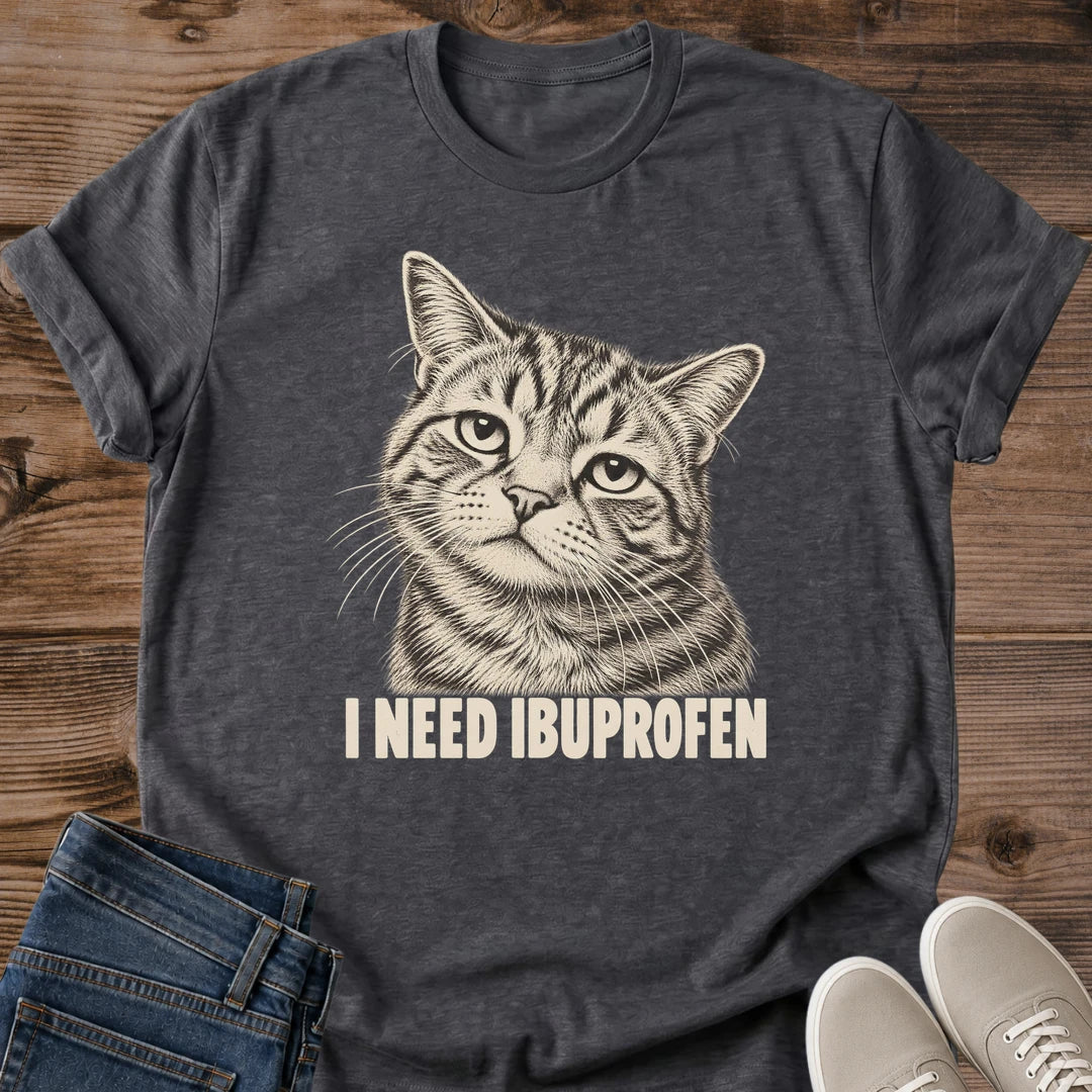 Dark heather Ibuprofen Kitty funny cat T-shirt featuring a vintage-style tabby cat graphic and humorous ibuprofen theme