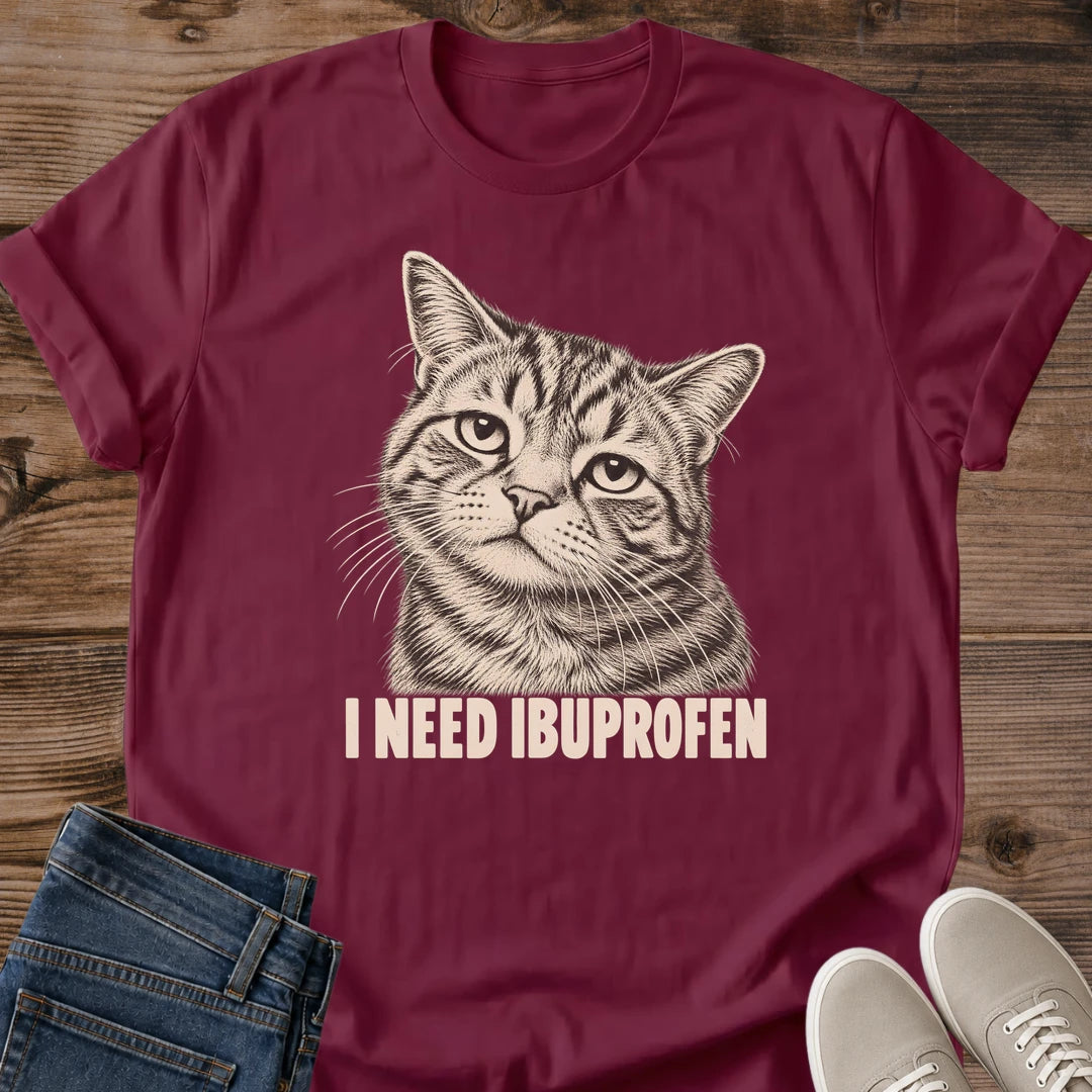 Maroon Ibuprofen Kitty cat lover shirt featuring a retro tabby cat graphic with ibuprofen humor