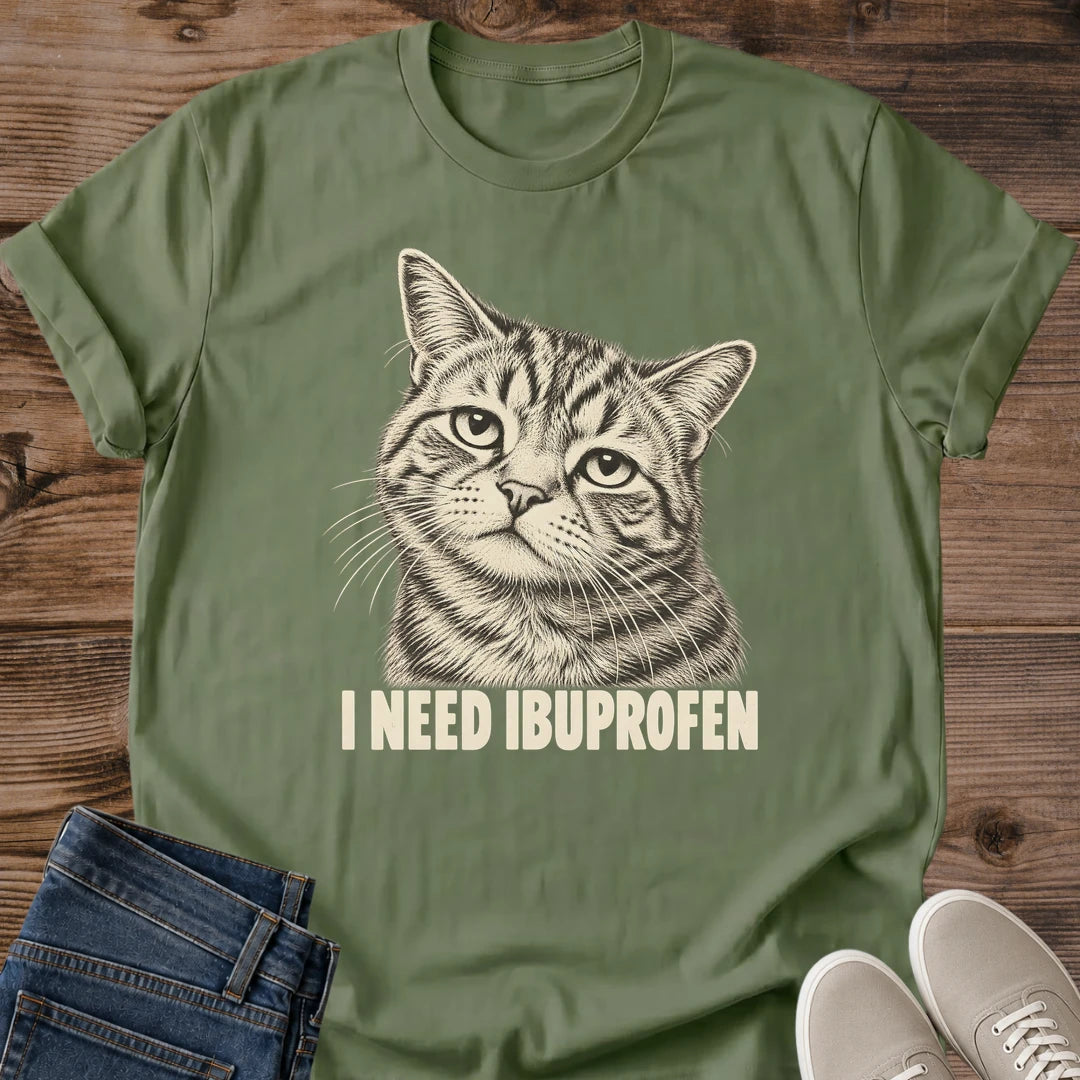 Military green Ibuprofen Kitty funny cat T-shirt featuring a nostalgic tabby cat illustration