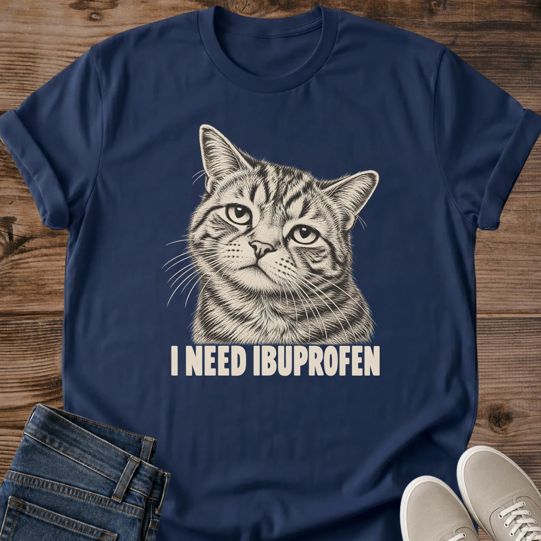 Navy Ibuprofen Kitty cat graphic T-shirt with vintage tabby cat illustration and dry humor design