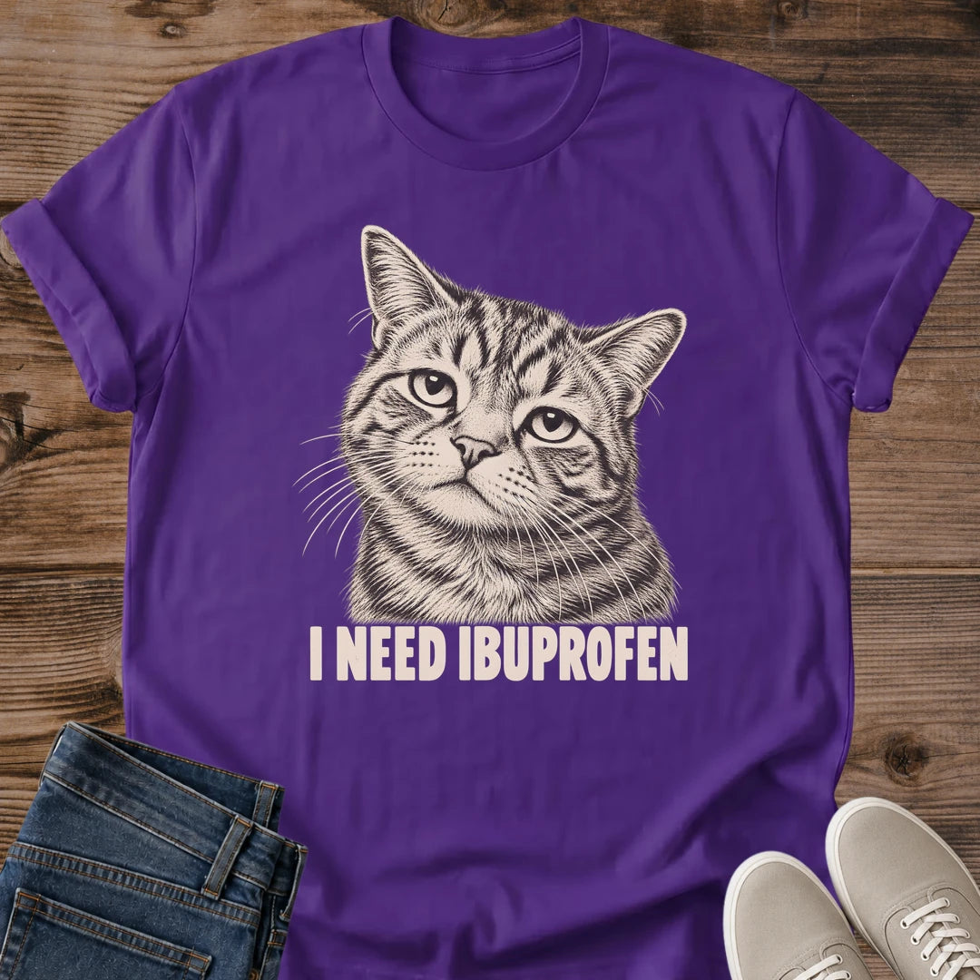 Purple Ibuprofen Kitty humorous cat graphic tee with vintage tabby illustration on the front