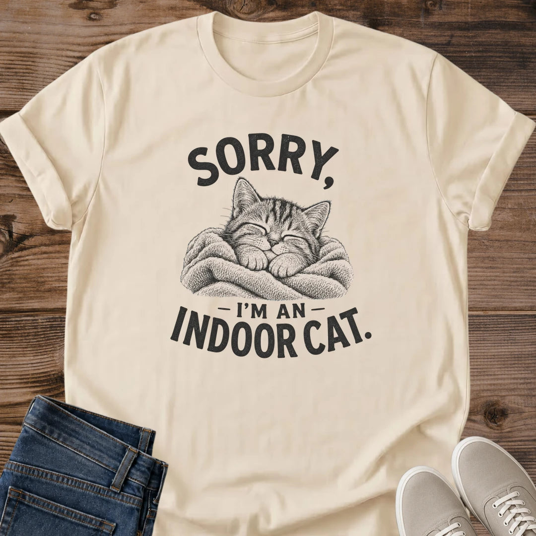 Perfect Cat Lover Gift Funny Graphic Tee Shirt Indoor Cat Design Soft Vintage Style Cotton Fabric Comfortable Relaxed Fit Crew Neck Casual Everyday Wear Essential Cozy Weekend Outfit Lightweight Loungewear Textured Print Details Natural
