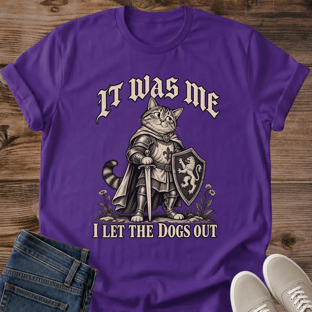 Knight Cat Shirt It Was Me Tee Armored Cat Warrior With Sword And Lion Crest Shield Illustration Blackletter Text Funny Cat Dad Shirt Cat Owner Gift For Her Medieval Cat Tee Renaissance Faire Soft Cotton Unisex Shirt Cat Whisker Co