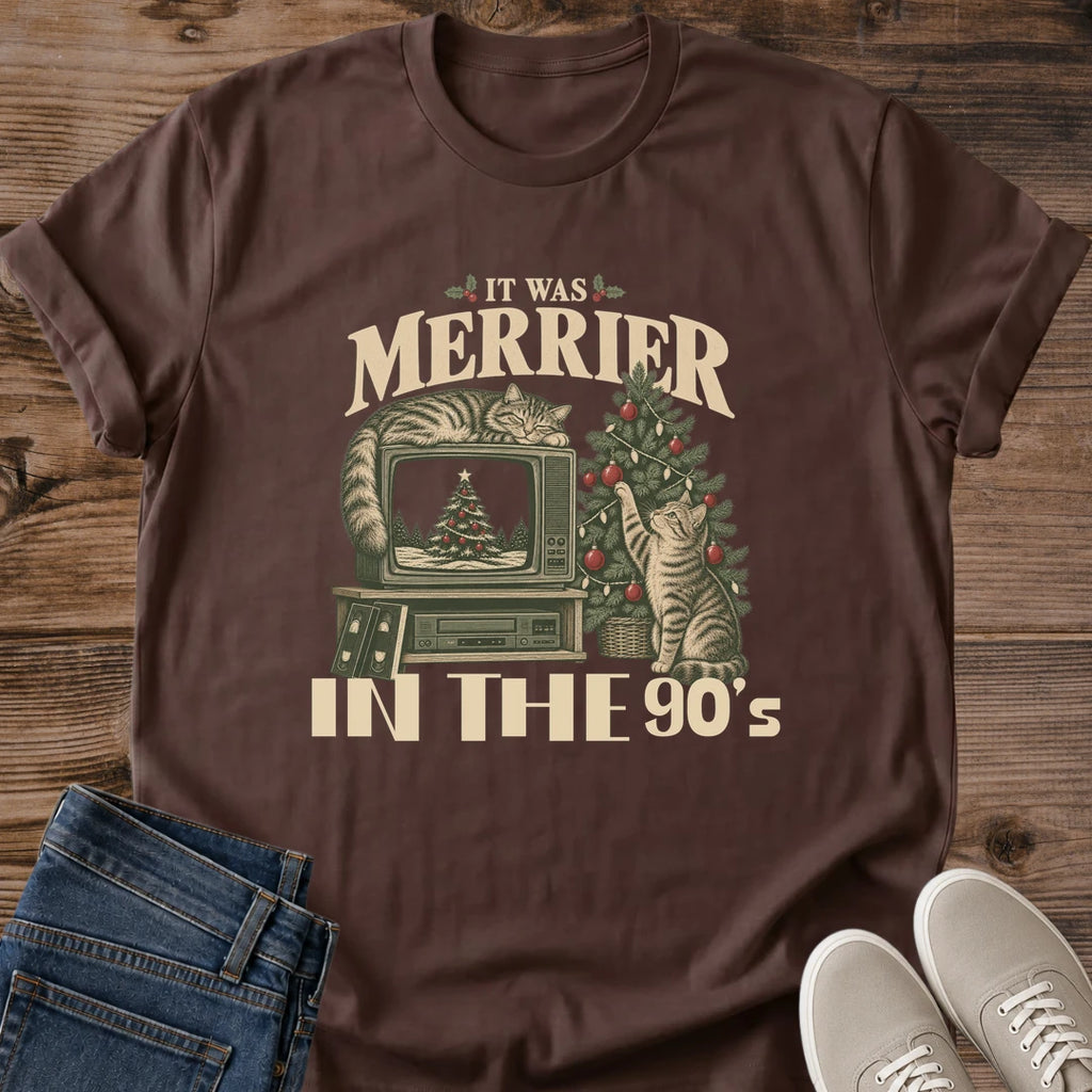 Dark chocolate It Was Merrier in the 90s Christmas cat shirt with vintage TV, cats and 1990s-inspired holiday design
