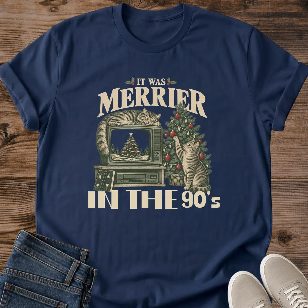 Navy It Was Merrier in the 90s Christmas cat T-shirt featuring cats, a vintage television and nostalgic VHS-era holiday artwork
