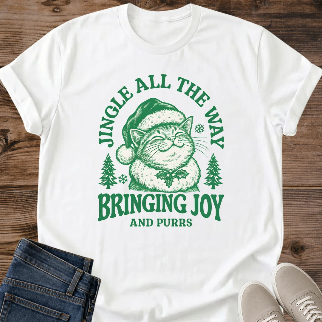 Jingle All The Way Bringing Joy And Purrs Christmas Cat Shirt White Cute Santa Cat Tee Vintage Green Holiday Graphic Cozy Christmas Cat Shirt Cat Mom Christmas Gift Cottagecore Xmas Tee Gildan 64000 Softstyle Unisex Cat Whisker Co
