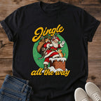 Black Jingle All the Way cat Christmas T-shirt showing a retro Santa and cats design