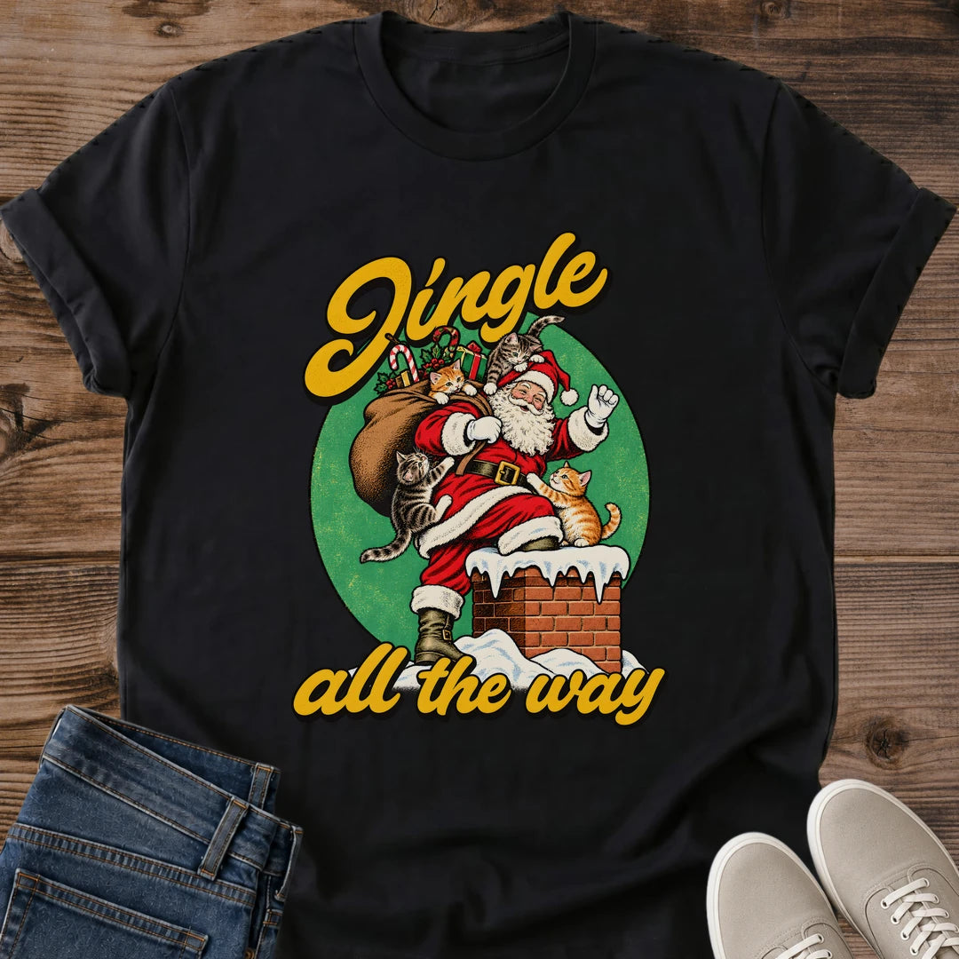 Black Jingle All the Way cat Christmas T-shirt showing a retro Santa and cats design