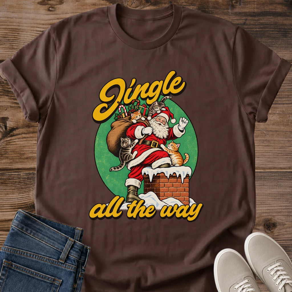 Dark chocolate Jingle All the Way Christmas cat tee with a vintage-inspired Santa and cats print