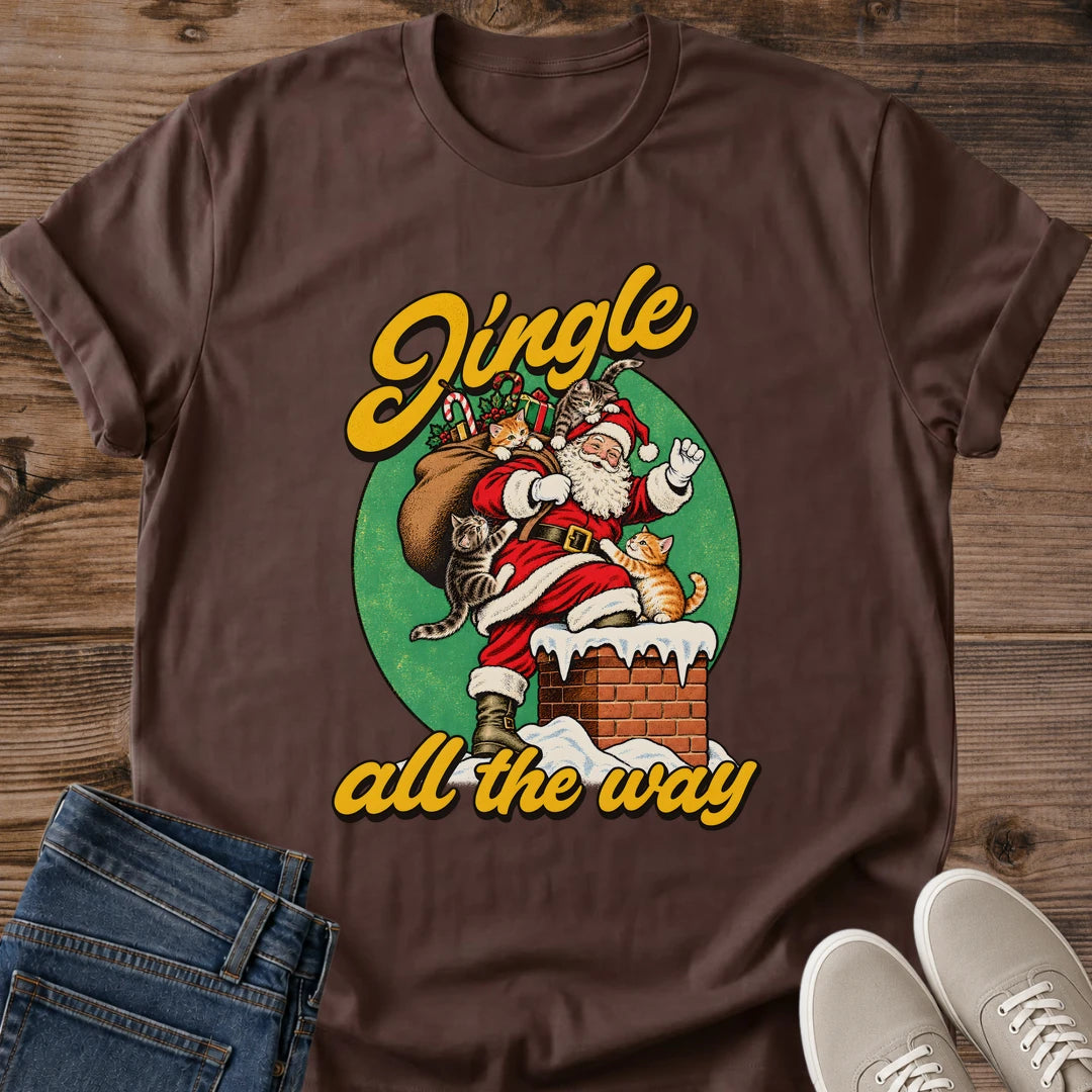 Dark chocolate Jingle All the Way Christmas cat tee with a vintage-inspired Santa and cats print