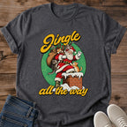 Dark heather Jingle All the Way Christmas cat T-shirt with retro Santa and cats artwork on the front
