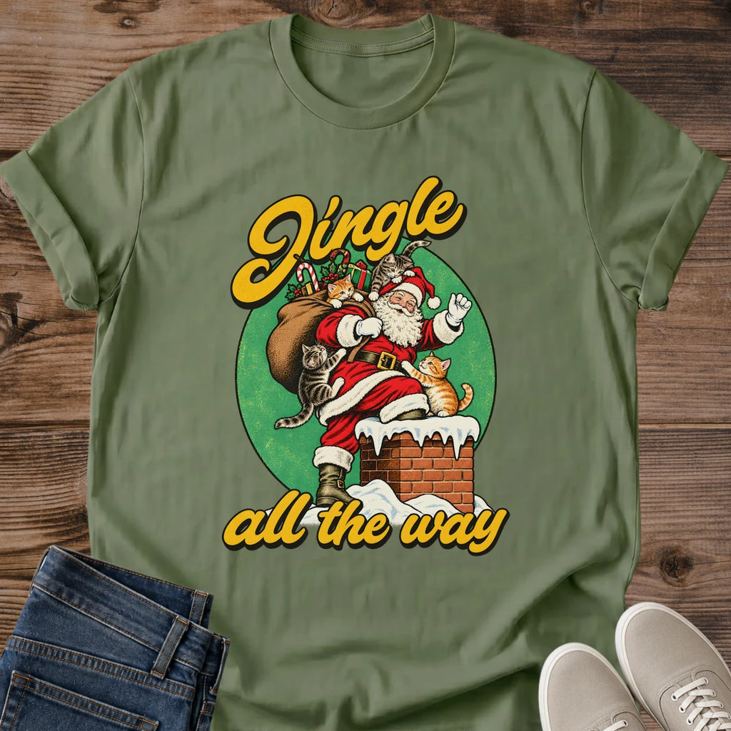Military green Jingle All the Way holiday cat T-shirt featuring retro Santa and cats artwork