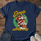Navy Jingle All the Way Christmas cat graphic tee featuring vintage-style Santa and cats artwork
